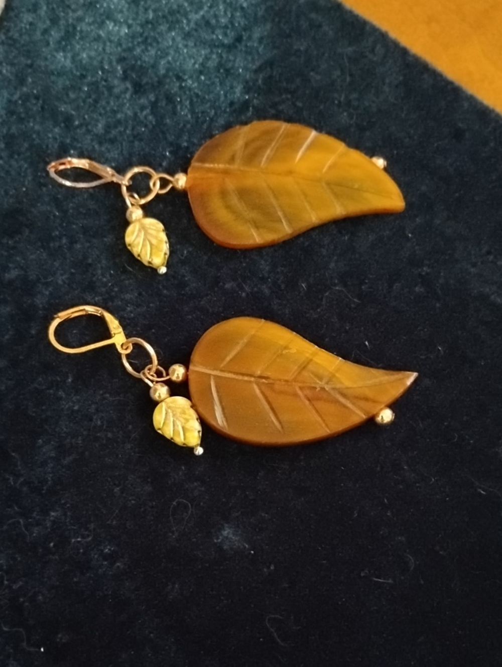 Hand Crafted Leaf Dangle Earrings in Amber Brown With Copper Tone Accents